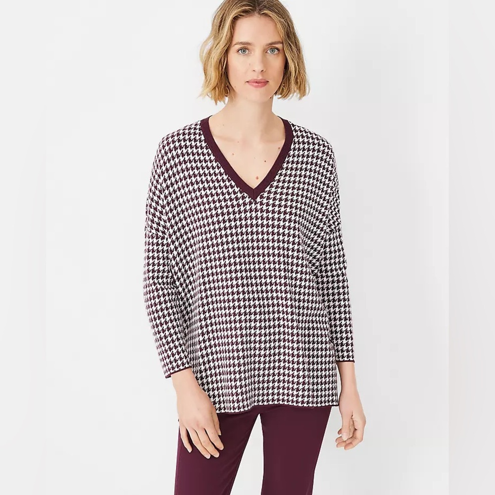 Ann Taylor Houndstooth Easy V-Neck Tunic Sweater Size L Large